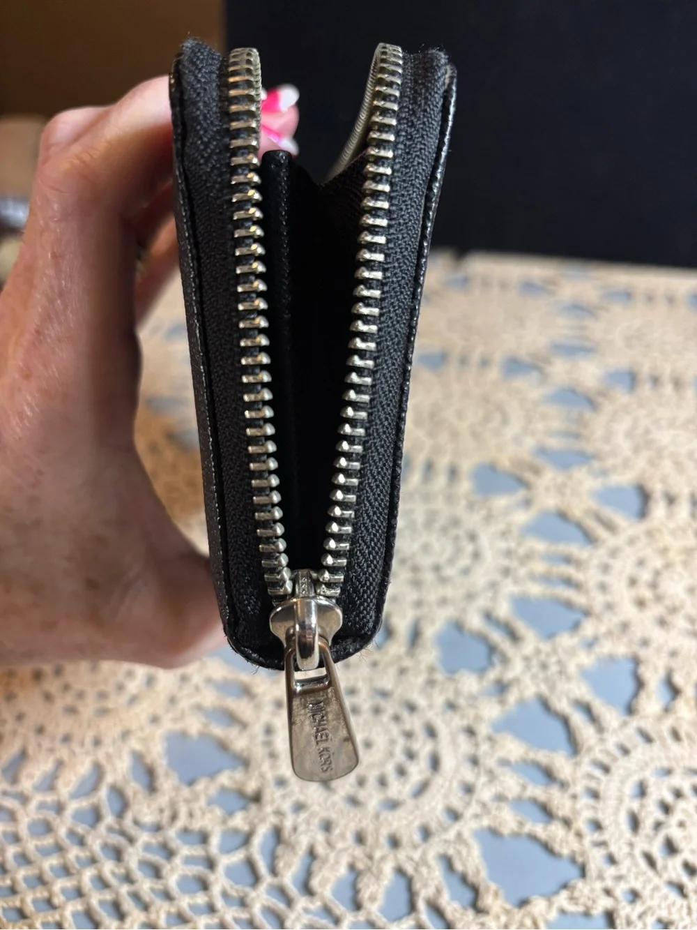 Michael Kors Black Signature Zip Wallet with Metal Plaque